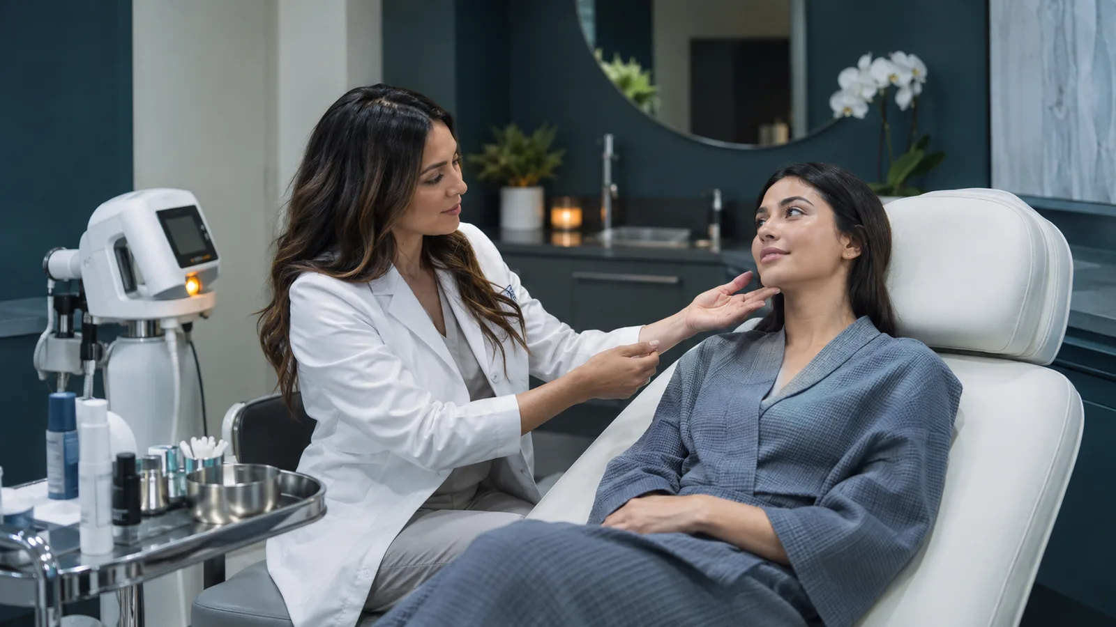 Practitioner in a white coat touches the face of a robed woman in a reclined chair