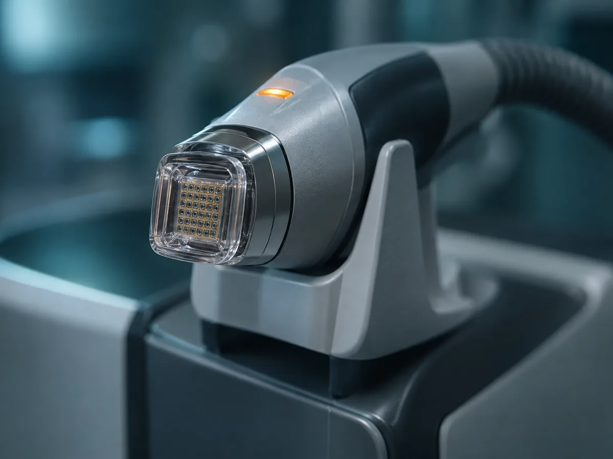 A laser handpiece with a square treatment tip resting in its holder