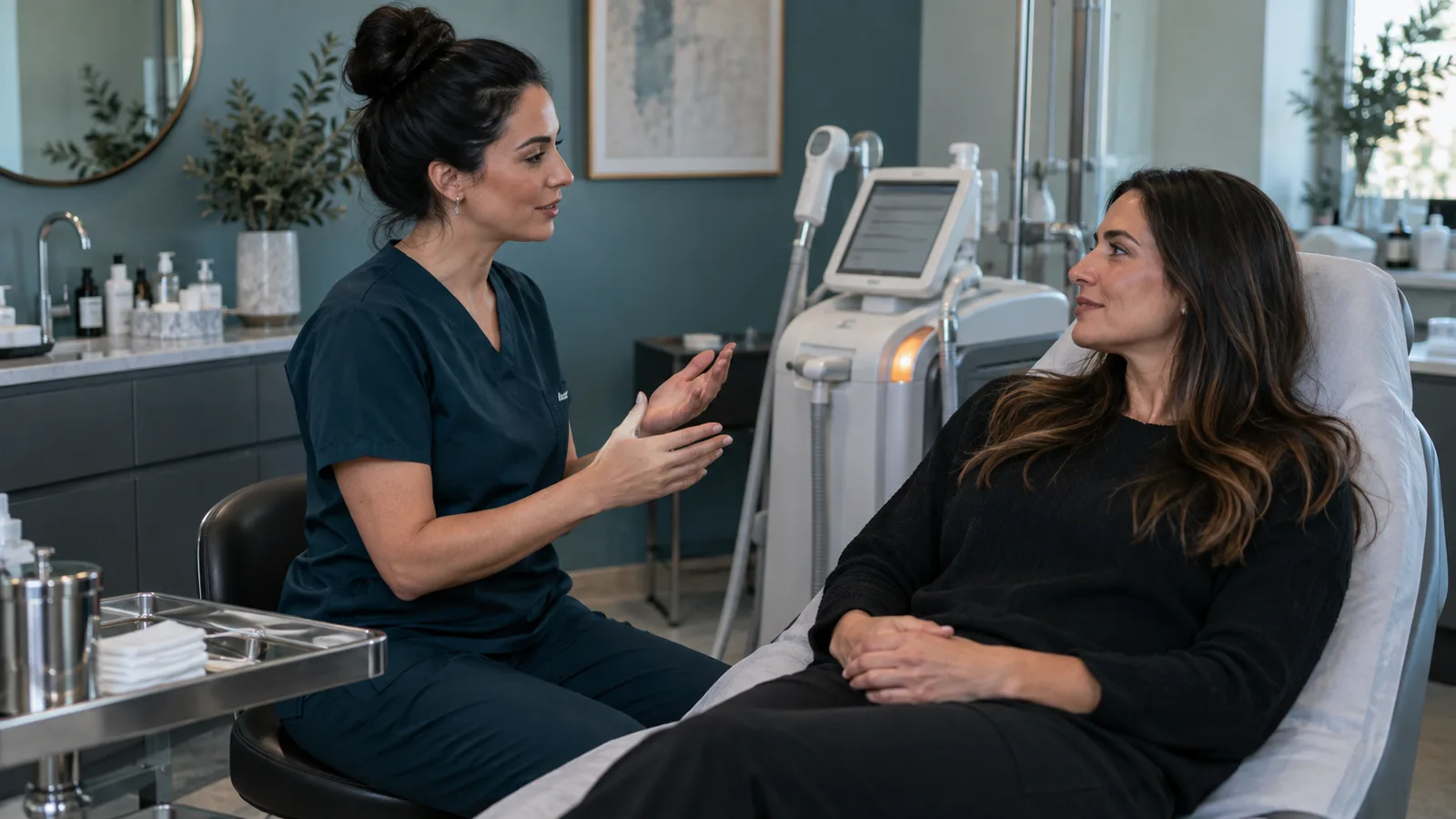 Practitioner in navy scrubs talks with a woman in a treatment chair beside a laser console