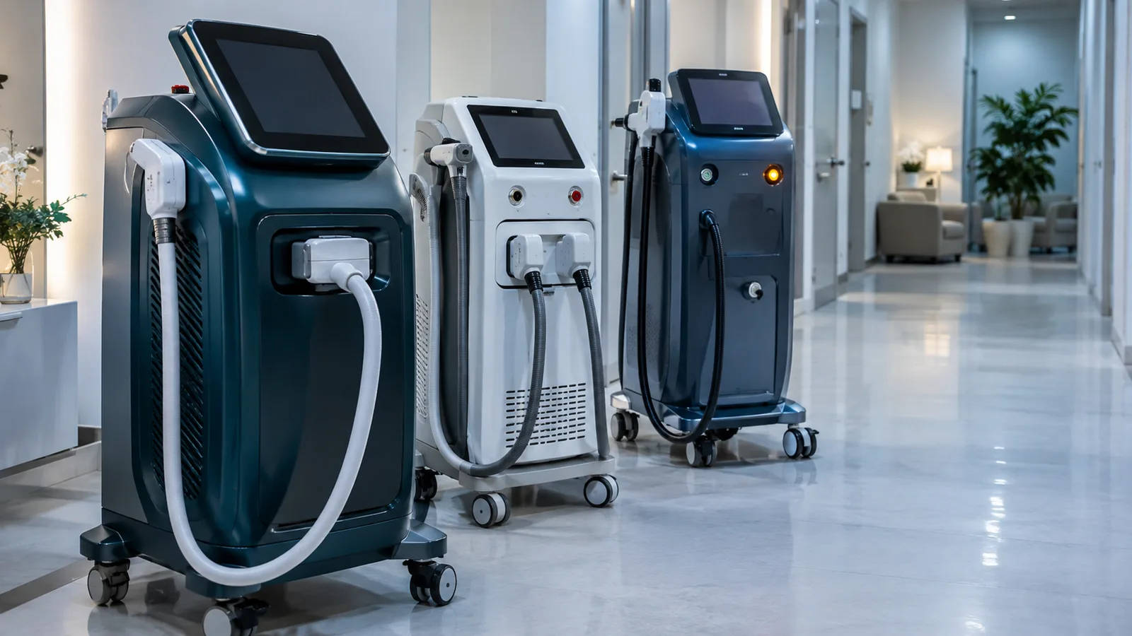 Three energy device consoles standing in a row in a bright clinic corridor