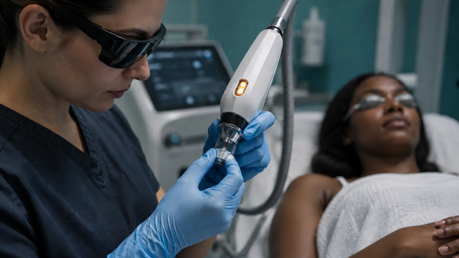 Gloved practitioner in protective eyewear holds a laser handpiece near a reclining woman wearing eye shields