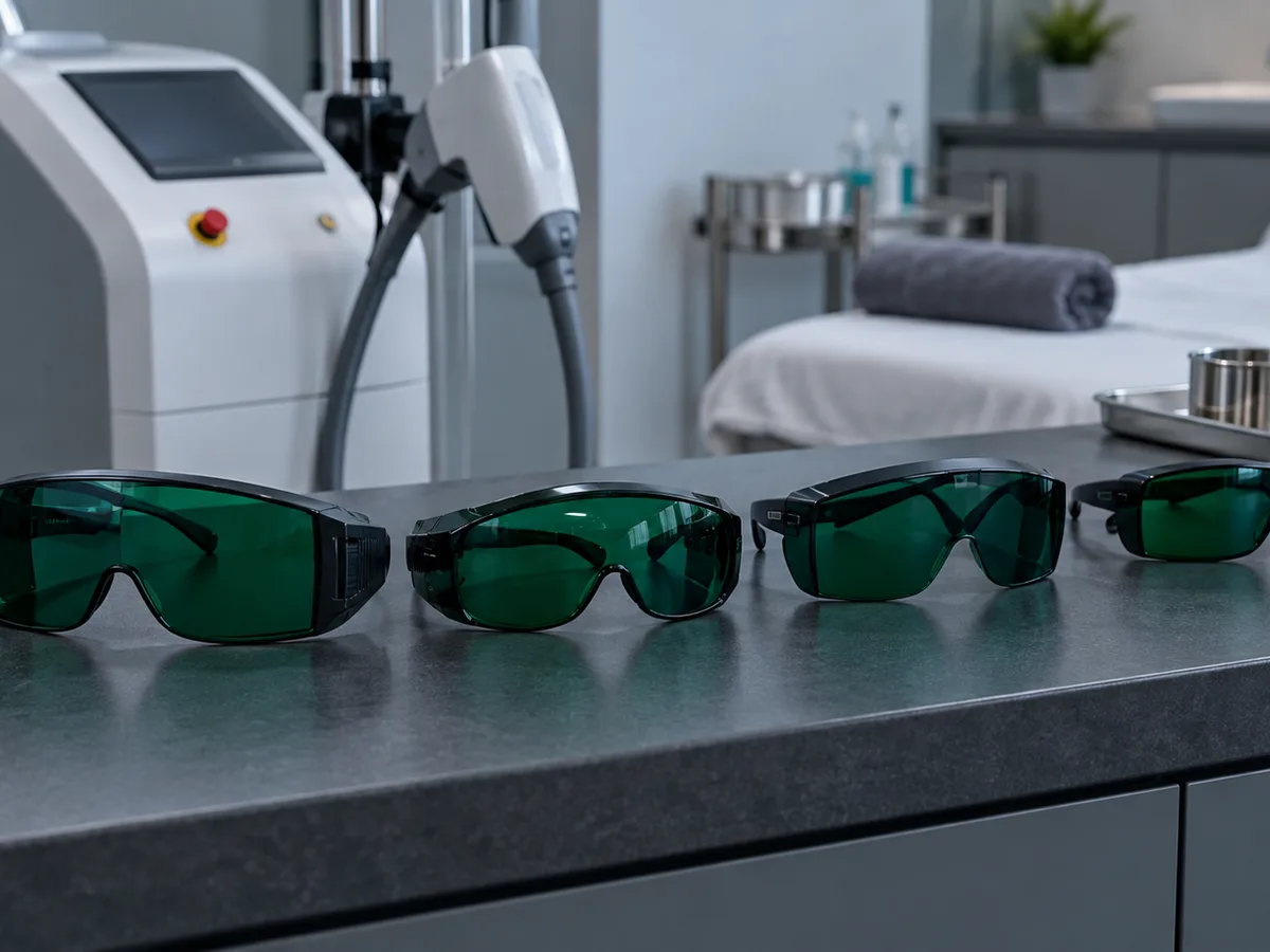 Four pairs of green-tinted laser safety glasses lined up on a counter beside laser consoles