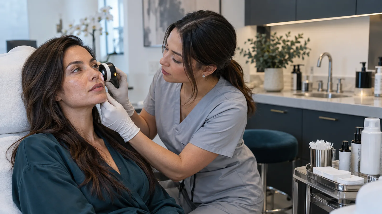 Gloved practitioner in grey scrubs examines a reclining woman's cheek with a handheld lighted scope