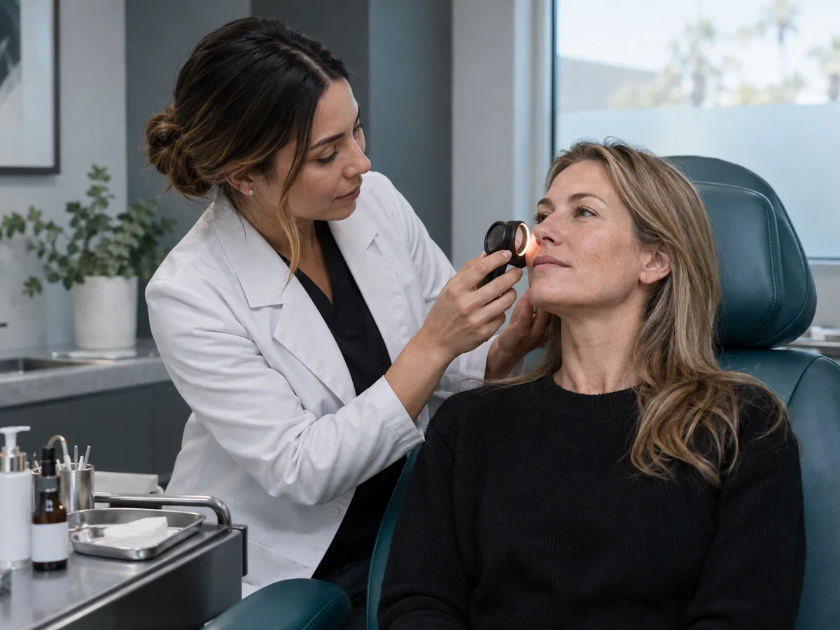 Practitioner in a white coat checks a seated woman's cheek with a handheld lighted scope