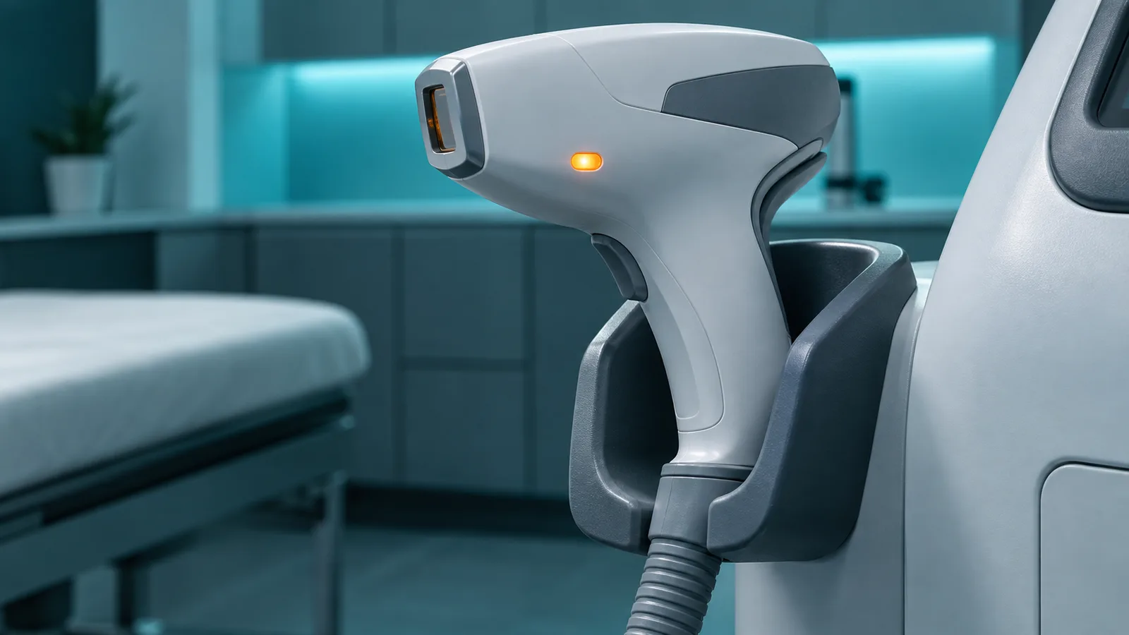 White laser handpiece docked in its holder beside a treatment bed in a teal-lit room