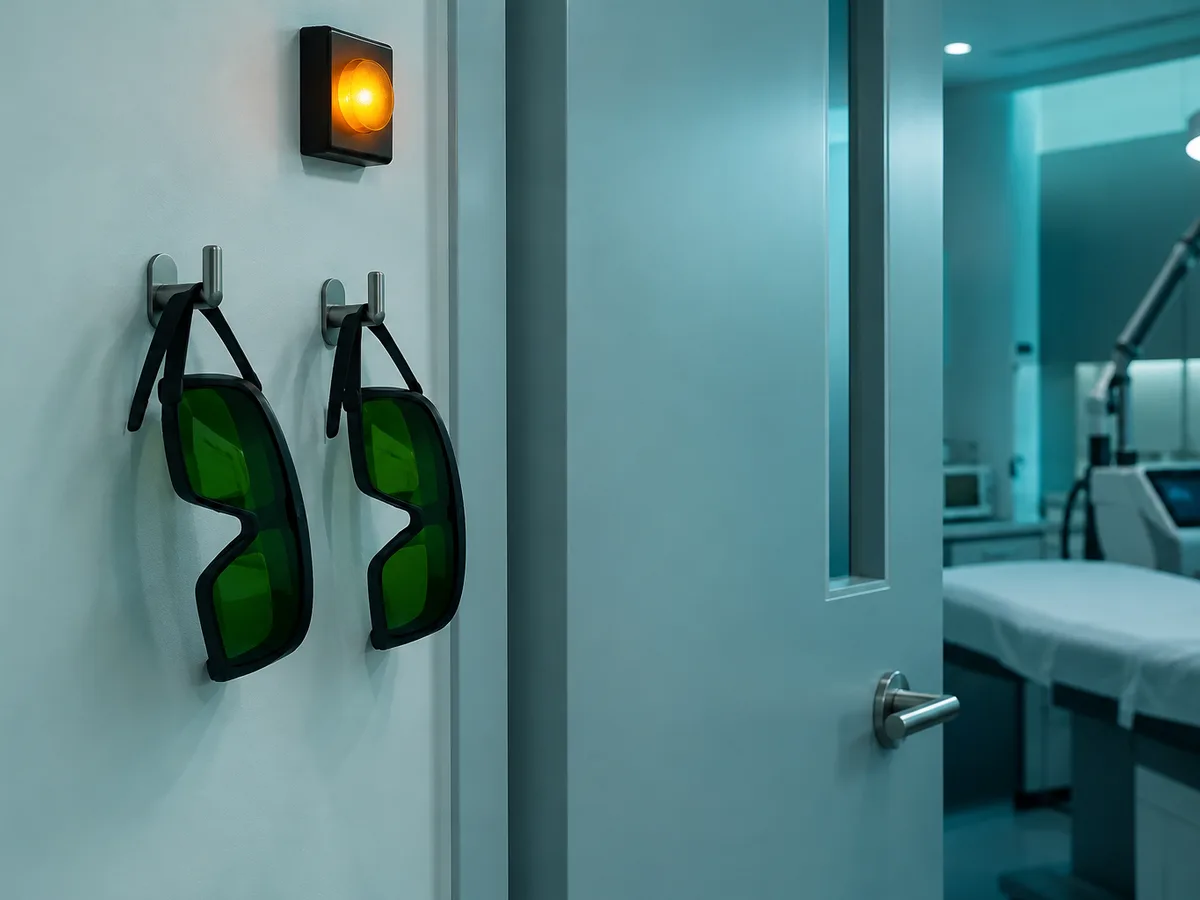 Two pairs of green-tinted safety goggles hanging on hooks beside a treatment room door