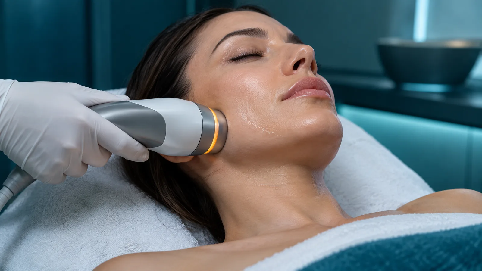 A gloved hand glides a handpiece along the jaw of a woman lying back with eyes closed