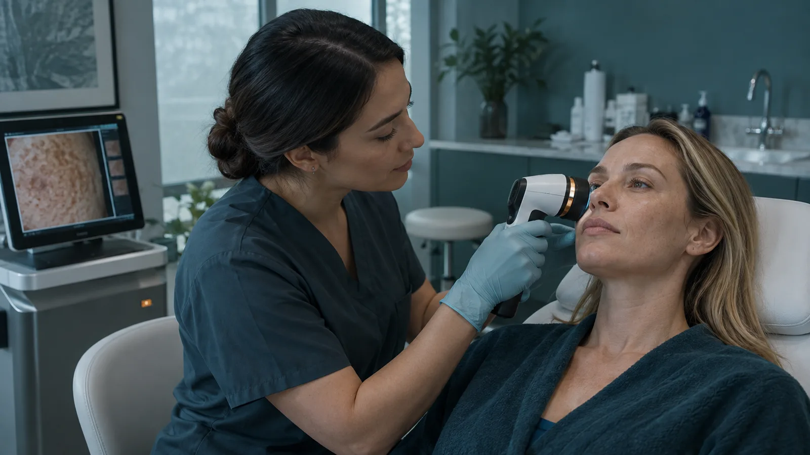 Gloved practitioner holds a handheld device to a reclining woman's cheek beside a skin-image monitor