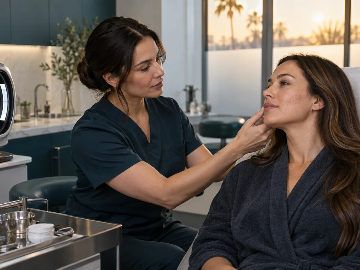 Practitioner in dark scrubs gently touches the jaw of a robed woman in a treatment chair