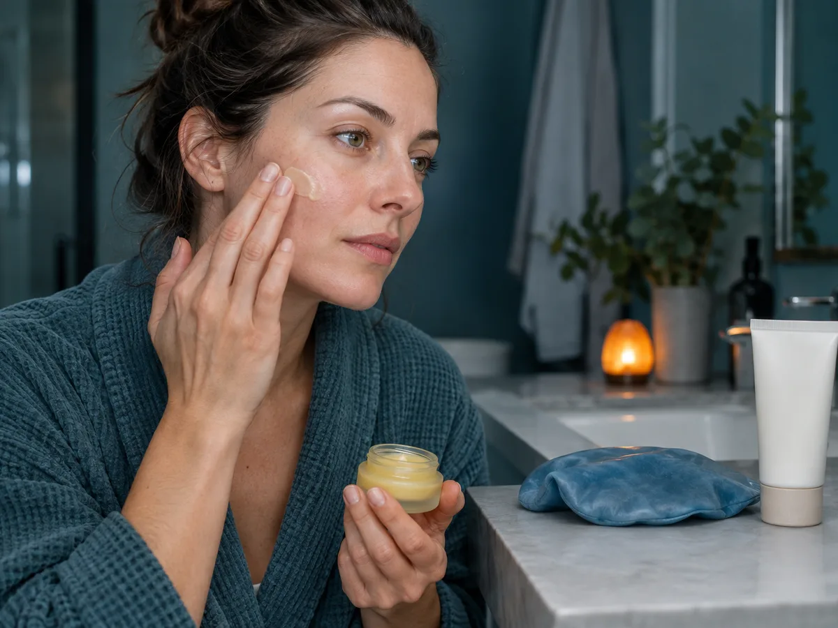 A woman applies balm to her cheek at a bathroom counter with a cool compress nearby