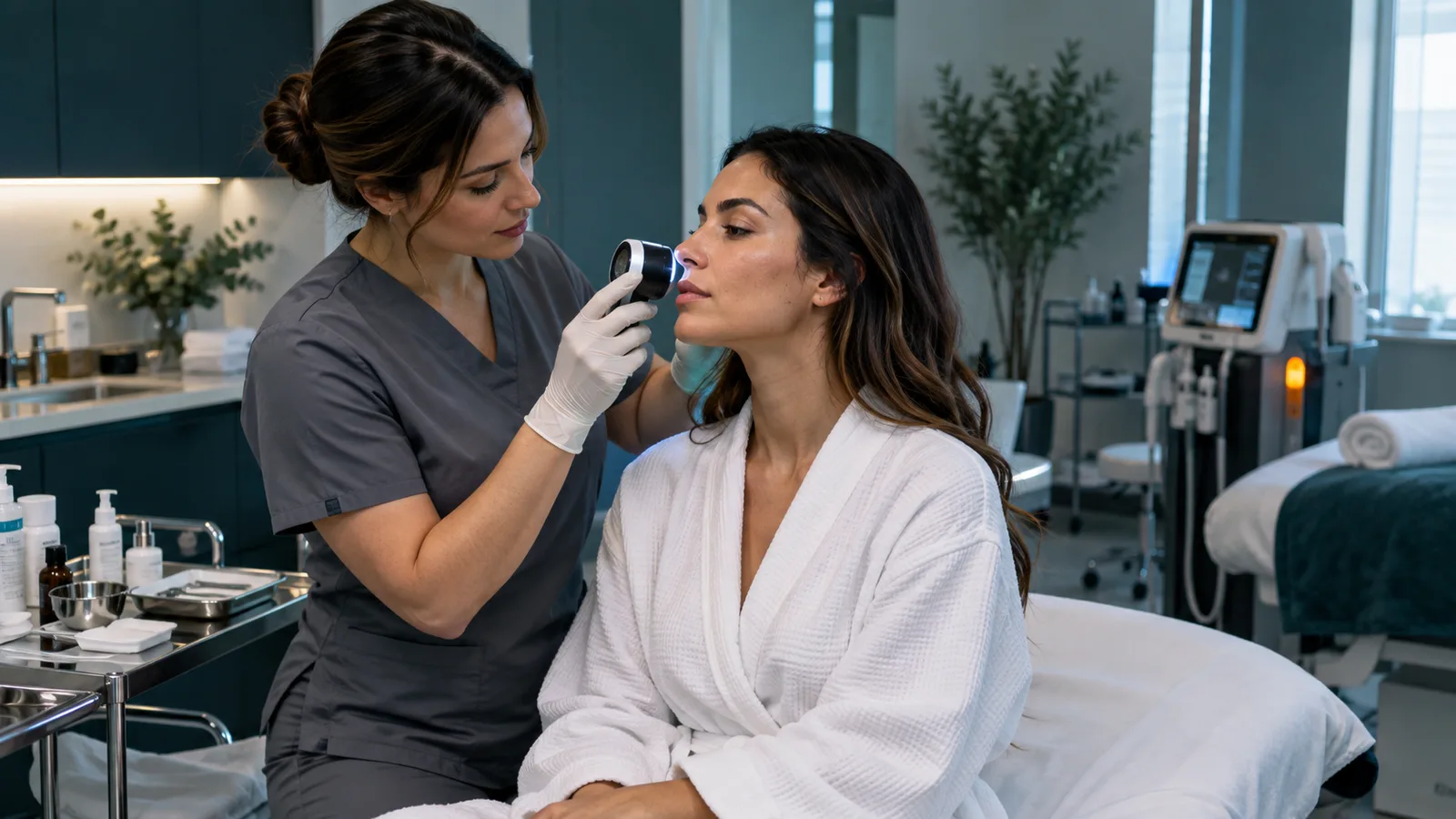 Gloved practitioner holds a handheld device to the cheek of a seated, robed woman