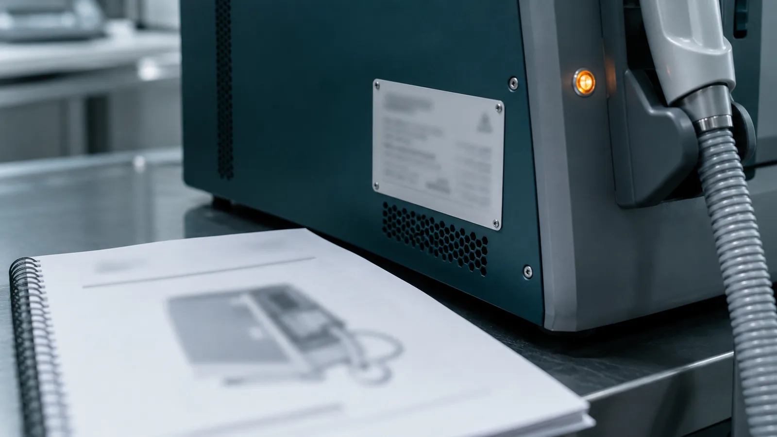 An open manual beside a label panel on the side of a treatment device console