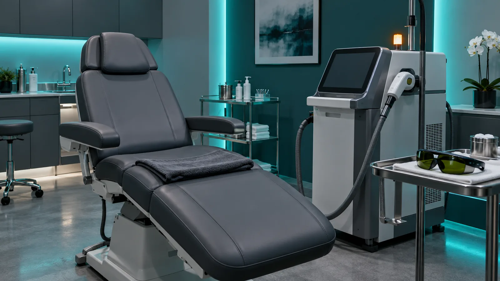 An empty laser treatment room with a reclined chair, a console and teal lighting
