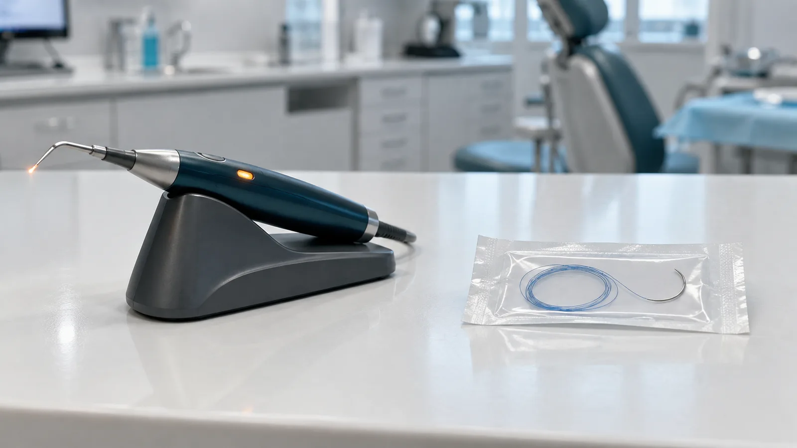 A laser handpiece on its stand beside a sealed suture thread package on a white counter