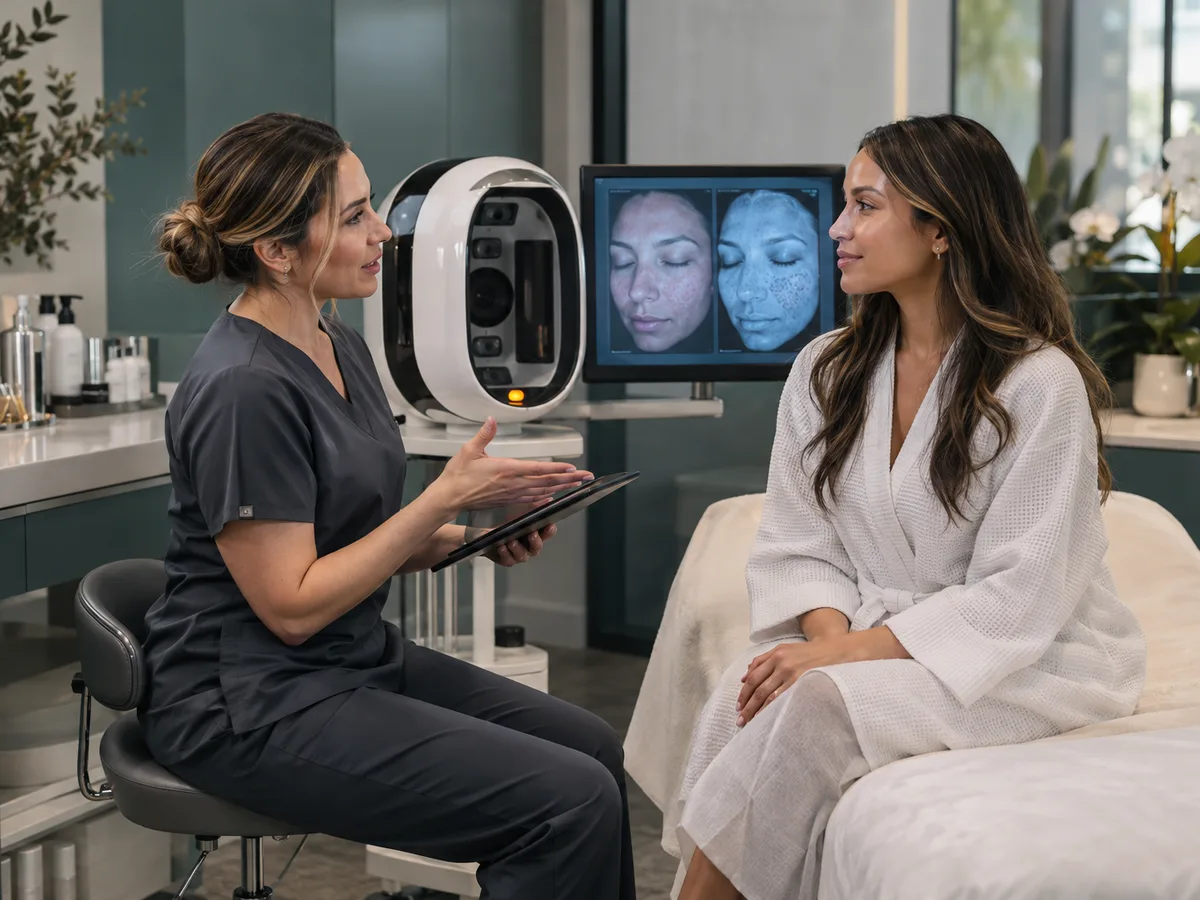 Practitioner points to facial images on a monitor as a robed woman sits nearby